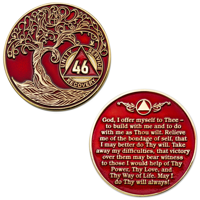 46 Year Sobriety Mint Twisted Tree of Life Gold Plated AA Recovery Medallion - Forty-Six Year Chip/Coin - Red