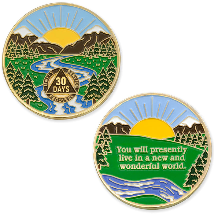 30 Days Sobriety Mint Winding River Gold Plated AA Recovery Medallion - One Month Chip/Coin + Velvet Box