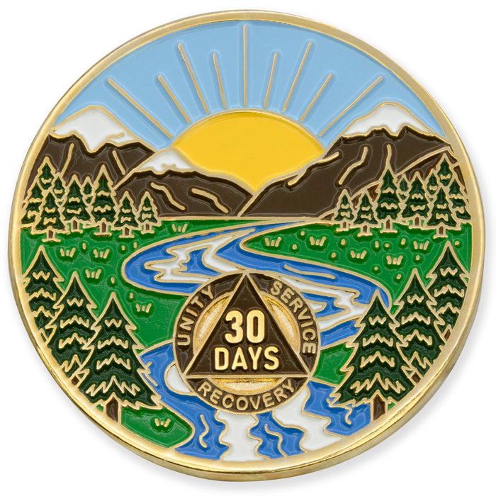 30 Days Sobriety Mint Winding River Gold Plated AA Recovery Medallion - One Month Chip/Coin + Velvet Box