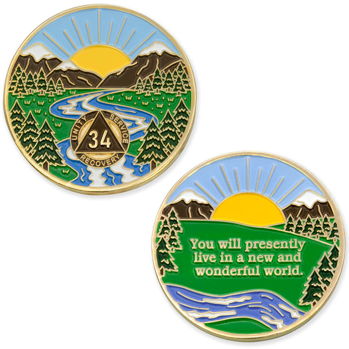 34 Year Sobriety Mint Winding River Gold Plated AA Recovery Medallion - Thirty-Four Year Chip/Coin + Velvet Box