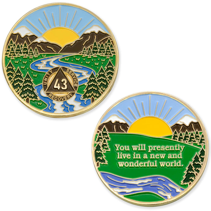 43 Year Sobriety Mint Winding River Gold Plated AA Recovery Medallion - Forty-Three Year Chip/Coin + Velvet Box