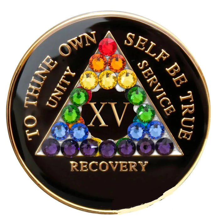 Recovery Mint 15 Year Bling AA Medallion - Crystallized Tri-Plate Fifteen Year Chip/Coin - Black Rainbow