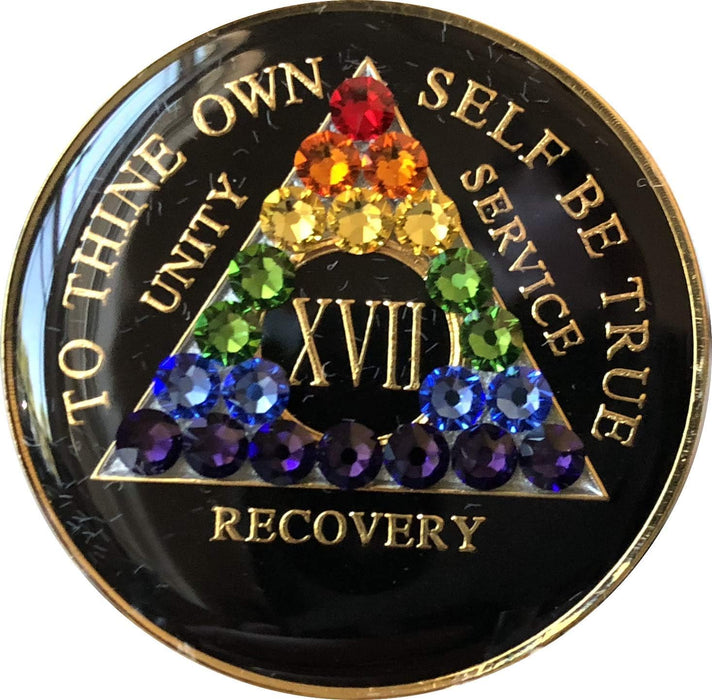 Recovery Mint 17 Year Bling AA Medallion - Crystallized Tri-Plate Seventeen Year Chip/Coin - Black Rainbow