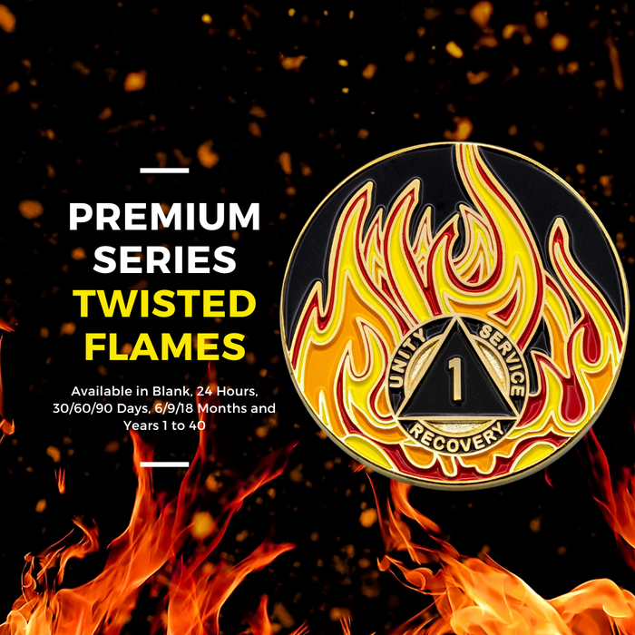 21 Year Sobriety Mint Twisted Flames Gold Plated AA Recovery Medallion/Chip/Coin - Black/Red/Orange/Yellow