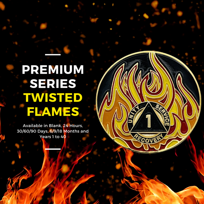 25 Year Sobriety Mint Twisted Flames Gold Plated AA Recovery Medallion - Twenty Five Year Chip/Coin - Black/Red/Orange/Yellow + Velvet Case
