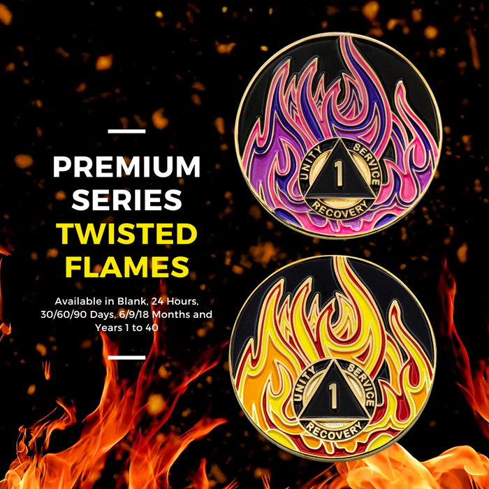 21 Year Sobriety Mint Twisted Flames Gold Plated AA Recovery Medallion - Twenty One Year Chip/Coin - Black/Pink/Purple/Blue