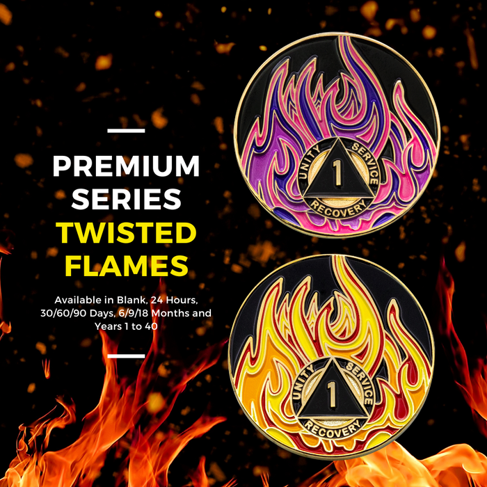 4 Year Sobriety Mint Twisted Flames Gold Plated AA Recovery Medallion - Four Year Chip/Coin - Black/Pink/Purple/Blue