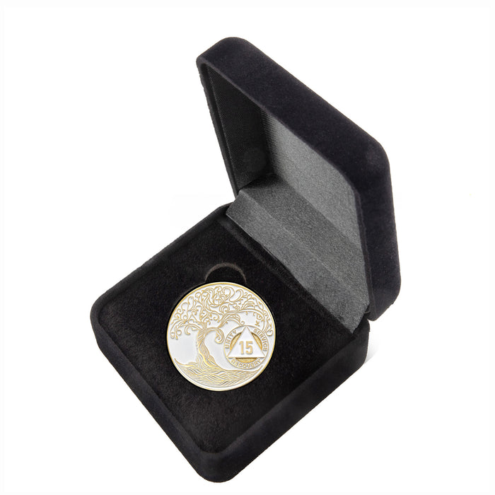 15 Year Sobriety Mint Twisted Tree of Life Gold Plated AA Recovery Medallion - Fifteen Year Chip/Coin - White + Velvet Case
