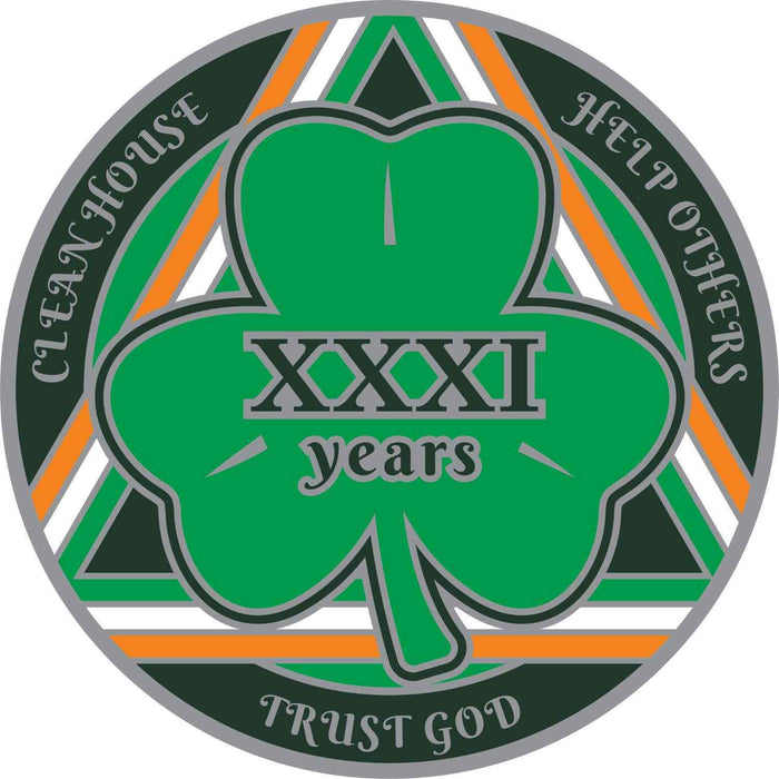 31 Year Shamrock Themed AA/NA Recovery Medallion - 40mm Fancy Chip/Coin - Green/White/Orange