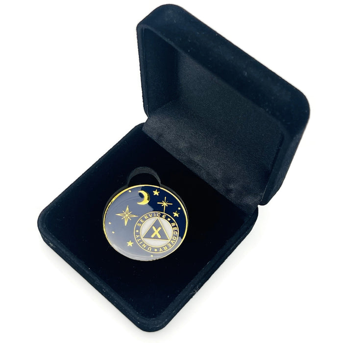10 Year Rocketed to 4th Dimension Specialty AA Recovery Medallion - Tri-Plated Ten Year Chip/Coin - Blue + Velvet Case