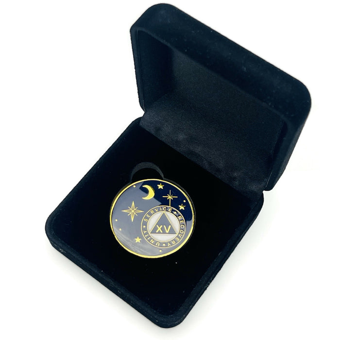 15 Year Rocketed to 4th Dimension Specialty AA Recovery Medallion - Tri-Plated Fifteen Year Chip/Coin - Blue + Velvet Case