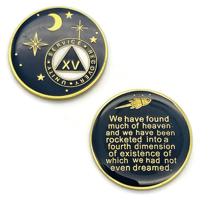 15 Year Rocketed to 4th Dimension Specialty AA Recovery Medallion - Tri-Plated Fifteen Year Chip/Coin - Blue + Velvet Case