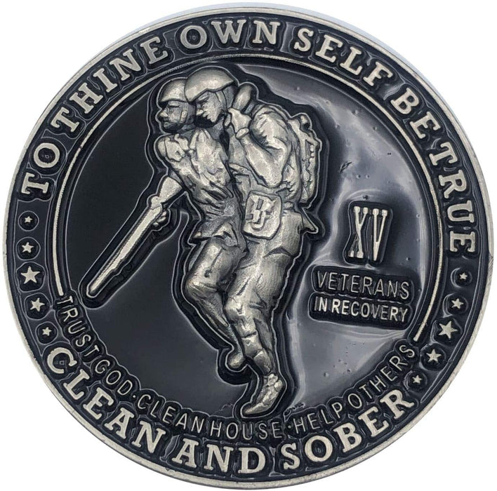 15 Year Veterans in Recovery AA/NA Sober Medallion - 40mm Fancy Coin/Chip - Black/Silver