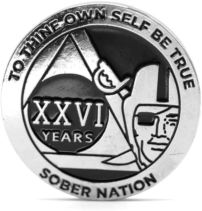 26 Year Raider Sober Nation AA/NA Recovery Medallion - 40mm Fancy Chip/Coin - Black/Silver