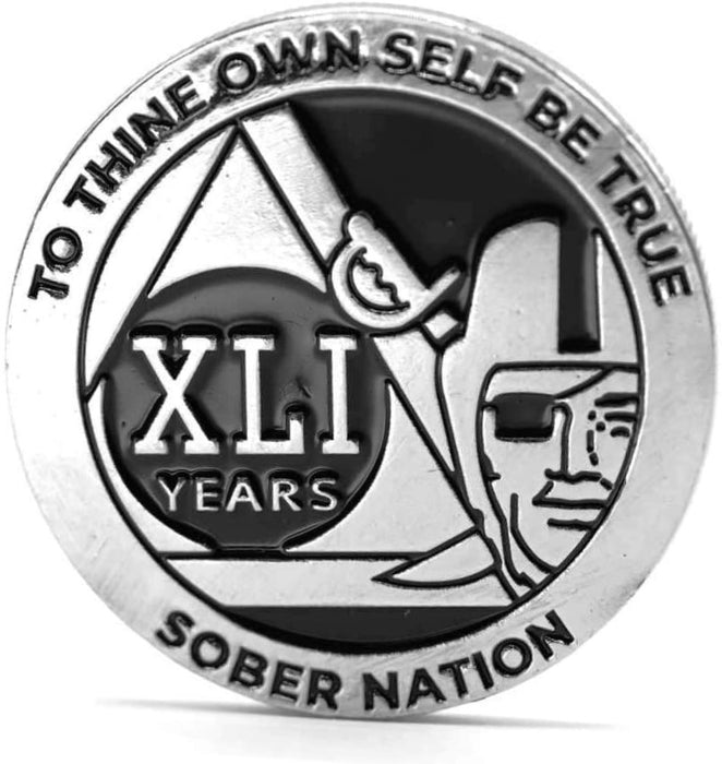 41 Year Raider Sober Nation AA/NA Recovery Medallion - 40mm Fancy Chip/Coin - Black/Silver