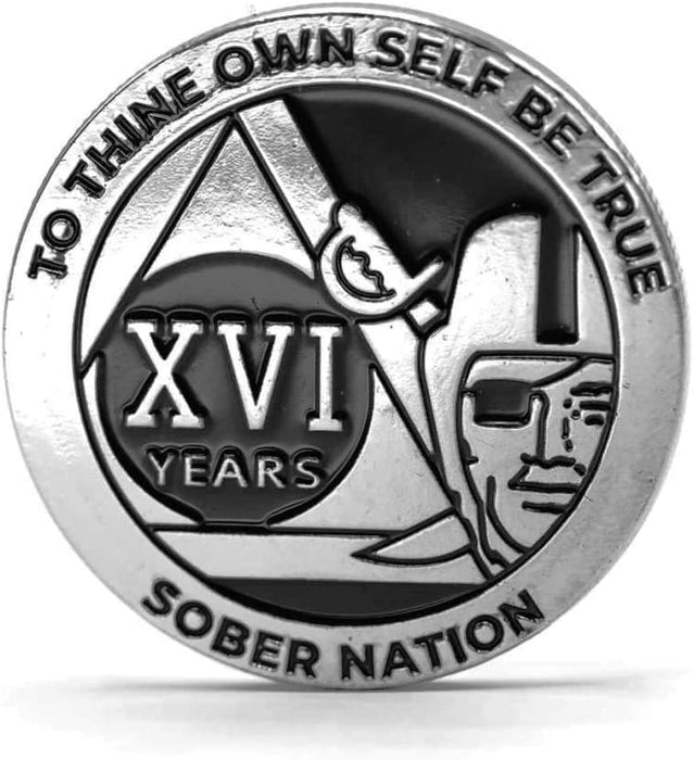 16 Year Raider Sober Nation AA/NA Recovery Medallion - 40mm Fancy Chip/Coin - Black/Silver