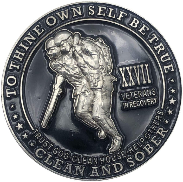 27 Year Veterans in Recovery AA/NA Sober Medallion - 40mm Fancy Coin/Chip - Black/Silver