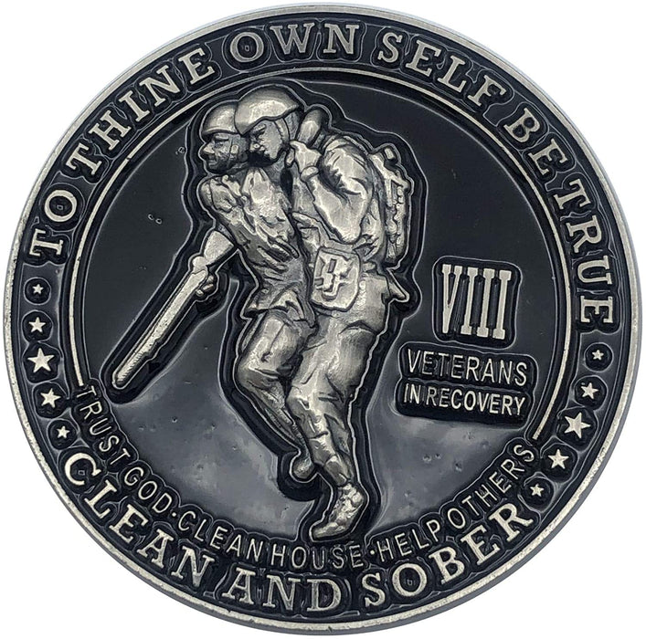 8 Year Veterans in Recovery AA/NA Sober Medallion - 40mm Fancy Coin/Chip - Black/Silver