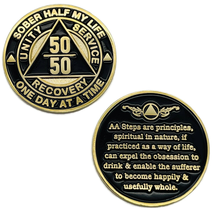 Sobriety Mint 50/50 Sober Half My Life Specialty AA Recovery Medallion - Polished Gold/Black