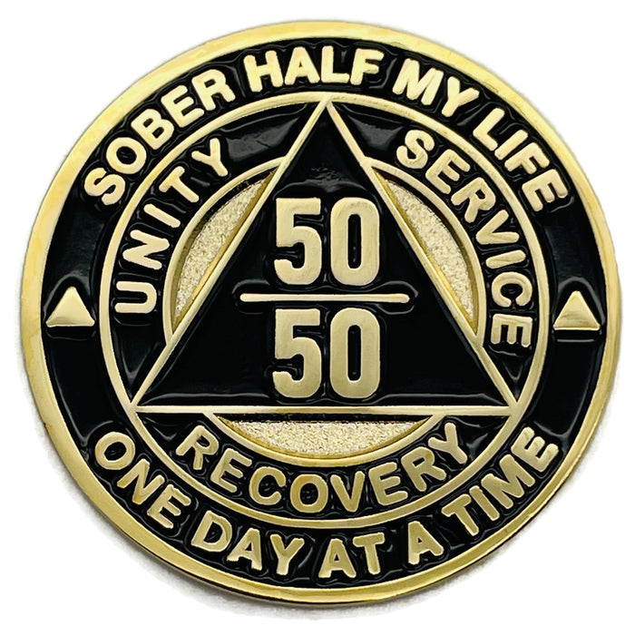 Sobriety Mint 50/50 Sober Half My Life Specialty AA Recovery Medallion - Polished Gold/Black