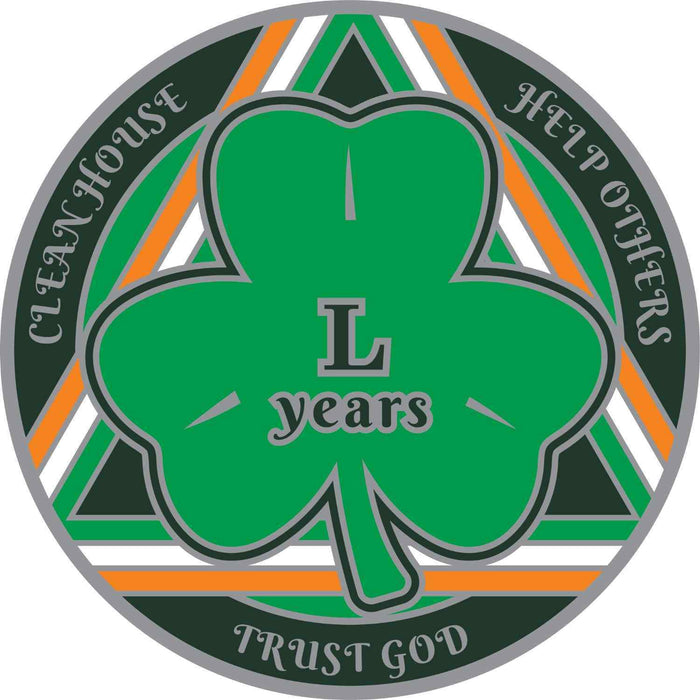 50 Year Shamrock Themed AA/NA Recovery Medallion - 40mm Fancy Chip/Coin - Green/White/Orange