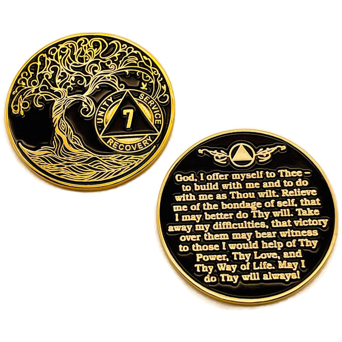 7 Year Sobriety Mint Twisted Tree of Life Gold Plated AA Recovery Medallion - Seven Year Chip/Coin - Black + Velvet Case