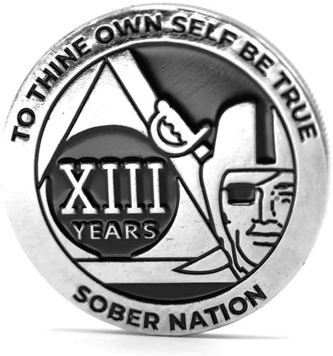 13 Year Raider Sober Nation AA/NA Recovery Medallion - 40mm Fancy Chip/Coin - Black/Silver