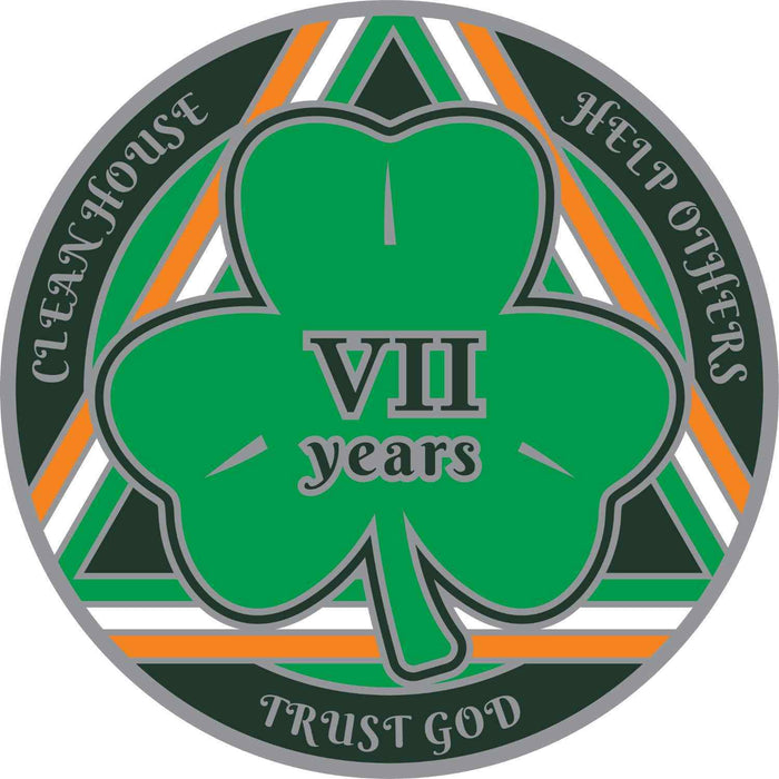 7 Year Shamrock Themed AA/NA Recovery Medallion - 40mm Fancy Chip/Coin - Green/White/Orange