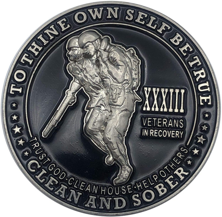 33 Year Veterans in Recovery AA/NA Sober Medallion - 40mm Fancy Coin/Chip - Black/Silver