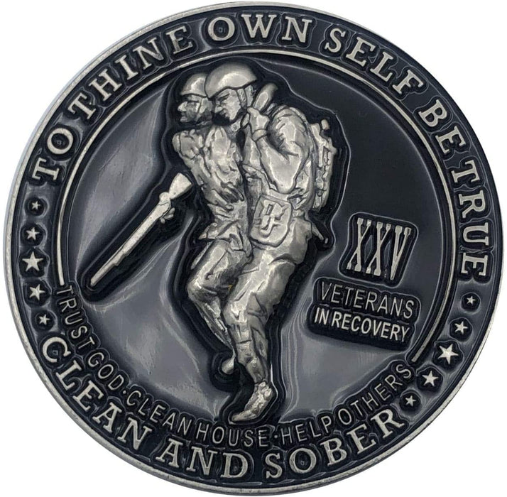 25 Year Veterans in Recovery AA/NA Sober Medallion - 40mm Fancy Coin/Chip - Black/Silver