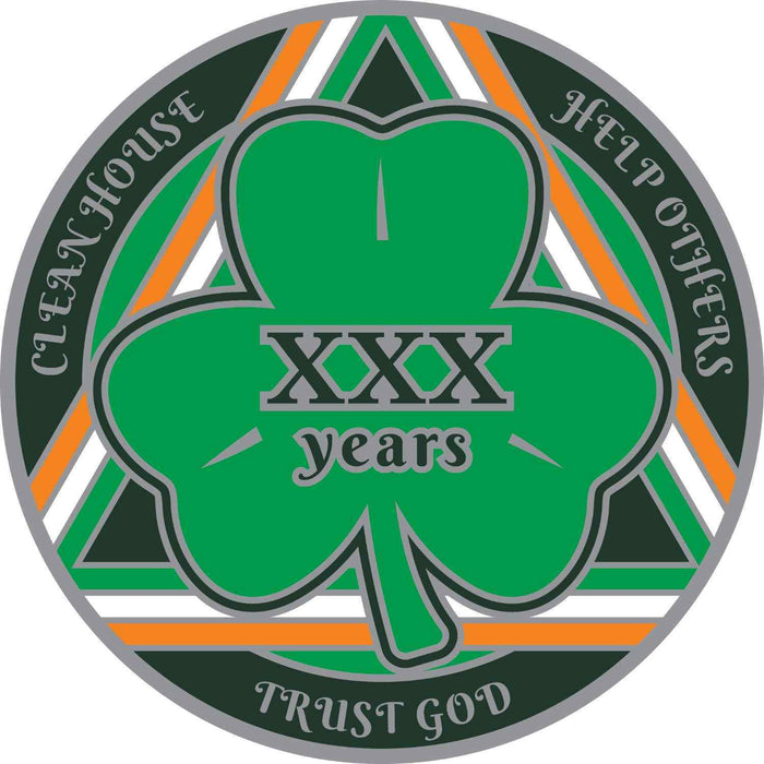 30 Year Shamrock Themed AA/NA Recovery Medallion - 40mm Fancy Chip/Coin - Green/White/Orange