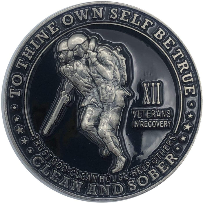 12 Year Veterans in Recovery AA/NA Sober Medallion - 40mm Fancy Coin/Chip - Black/Silver