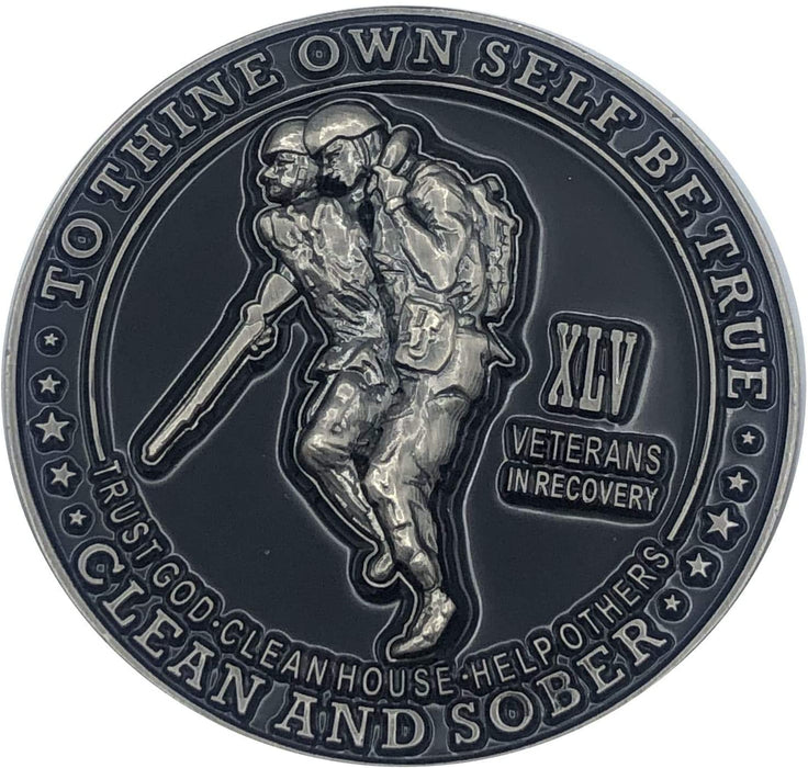 45 Year Veterans in Recovery AA/NA Sober Medallion - 40mm Fancy Coin/Chip - Black/Silver