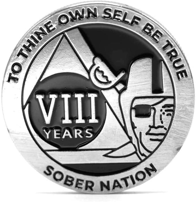 8 Year Raider Sober Nation AA/NA Recovery Medallion - 40mm Fancy Chip/Coin - Black/Silver