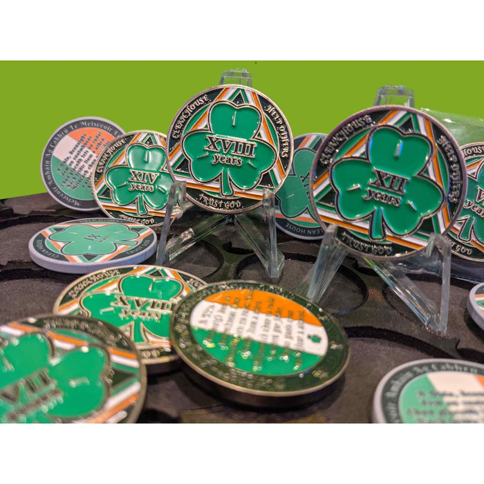 18 Year Shamrock Themed AA/NA Recovery Medallion - 40mm Fancy Chip/Coin - Green/White/Orange