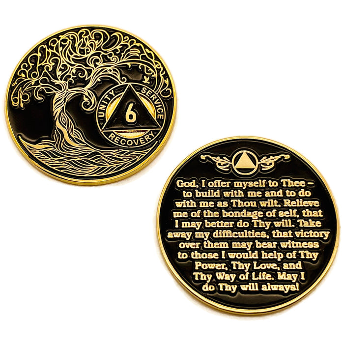 6 Year Sobriety Mint Twisted Tree of Life Gold Plated AA Recovery Medallion - Six Year Chip/Coin - Black + Velvet Case