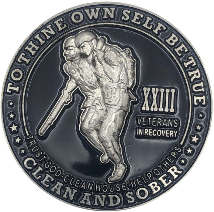 23 Year Veterans in Recovery AA/NA Sober Medallion - 40mm Fancy Coin/Chip - Black/Silver