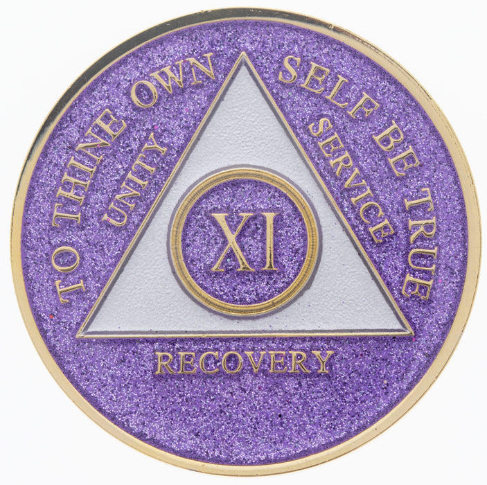 Recovery Mint 11 Year AA Medallion - Tri-Plate Eleven Year Chip/Coin - Purple Glitter