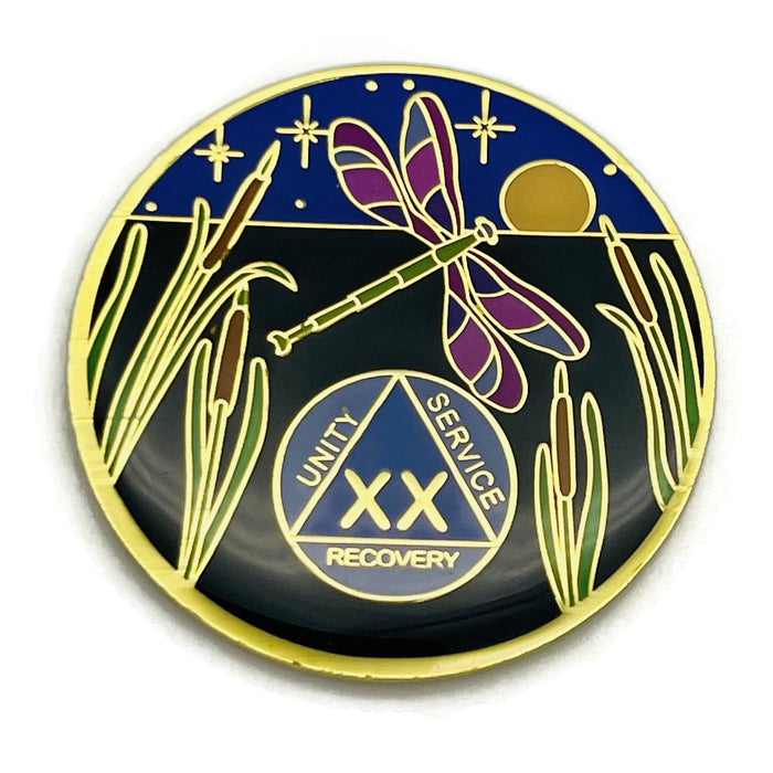 Dragonfly 9th Step 20 Year Specialty AA Recovery Medallion - Tri-Plated Twenty Year Chip/Coin