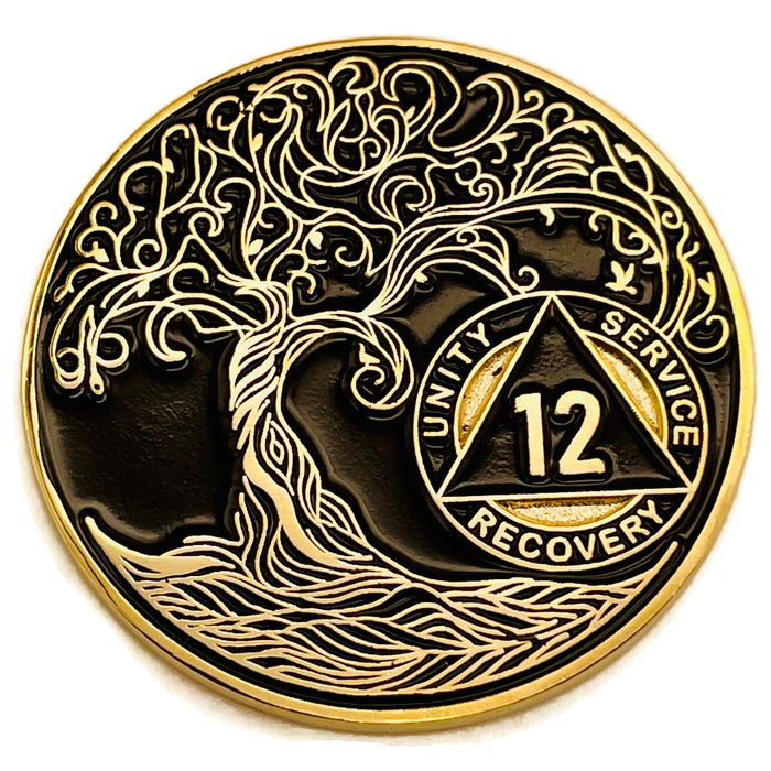 12 Year Sobriety Mint Twisted Tree of Life Gold Plated AA Recovery Medallion - Twelve Year Chip/Coin - Black