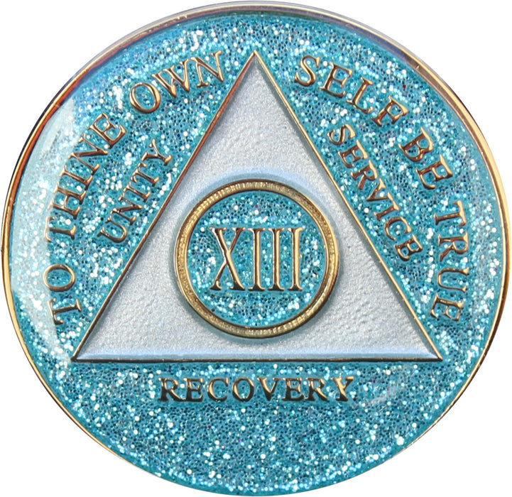 Recovery Mint 13 Year AA Medallion - Tri-Plate Thirteen Year Chip/Coin - Aqua Glitter