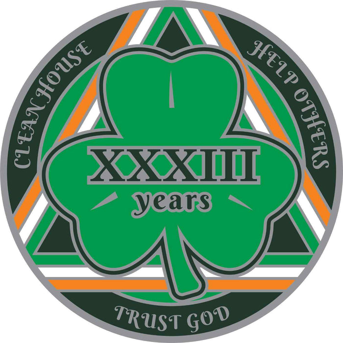 33 Year Shamrock Themed AA/NA Recovery Medallion - 40mm Fancy Chip/Coin - Green/White/Orange