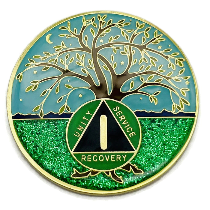 38 Year Tree of Life Specialty AA Recovery Medallion - Tri-Plated Thirty-Eight Year Chip/Coin + Velvet Case