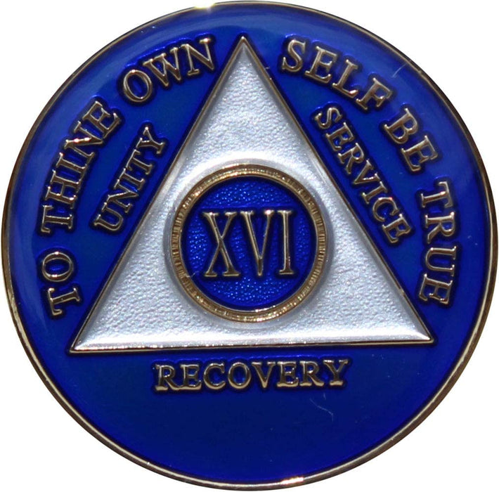 Recovery Mint 16 Year AA Medallion - Tri-Plate Sixteen Year Chip/Coin - Blue