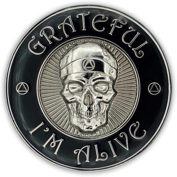 Grateful I'm Alive AA/NA 3D Sculpted Affirmation Recovery Medallion - Black / Silver