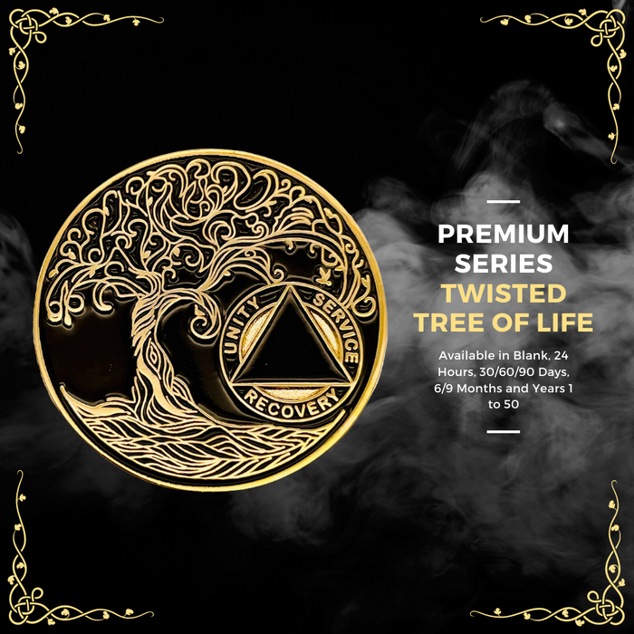 1 Year Sobriety Mint Twisted Tree of Life Gold Plated AA Recovery Medallion - One Year Chip/Coin - Black + Velvet Case