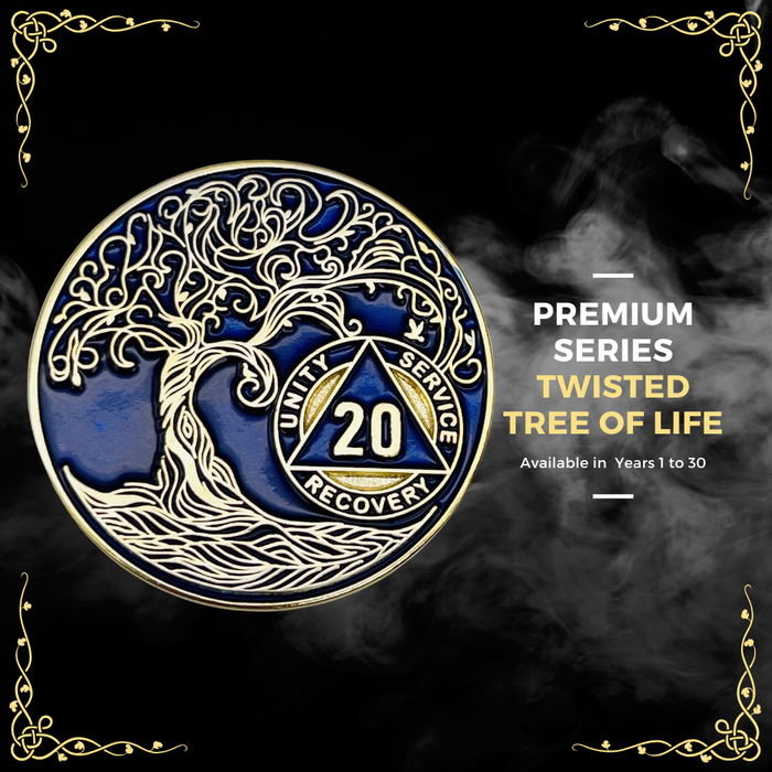 25 Year Sobriety Mint Twisted Tree of Life Gold Plated AA Recovery Medallion - Twenty Five Year Chip/Coin - Blue + Velvet Box