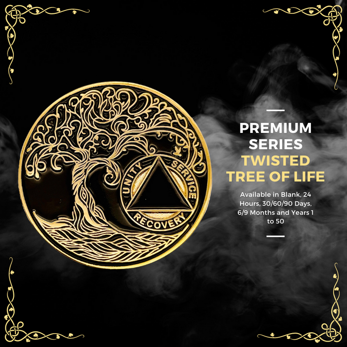 2 Year Sobriety Mint Twisted Tree of Life Gold Plated AA Recovery Medallion - Two Year Chip/Coin - Black