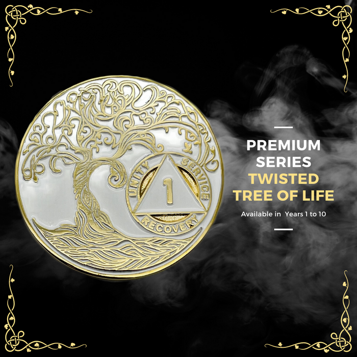 4 Year Sobriety Mint Twisted Tree of Life Gold Plated AA Recovery Medallion - Four Year Chip/Coin - White