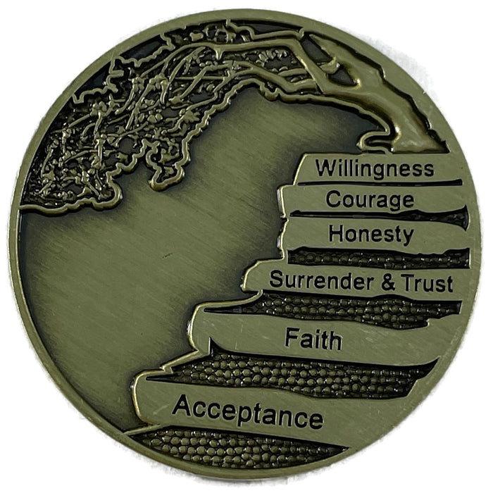 Wisdom Tree 12 Steps/Principles AA Bronze Recovery Medallion
